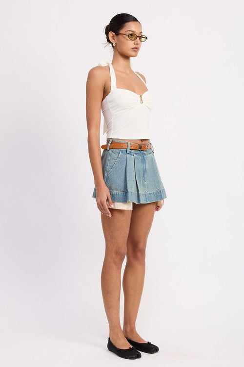 PLEATED DENIM MINI SKIRT WITH CONTRAST HEM DETAIL